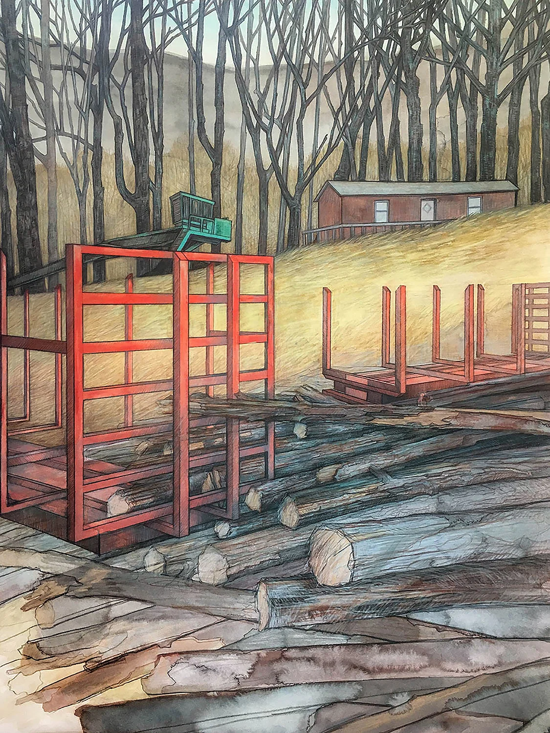Carly Drew, "Dark Corner Daydream" (Detail). Watercolor, graphite, acrylic & wax pencil. 22 x 30in. 2018. SOLD.