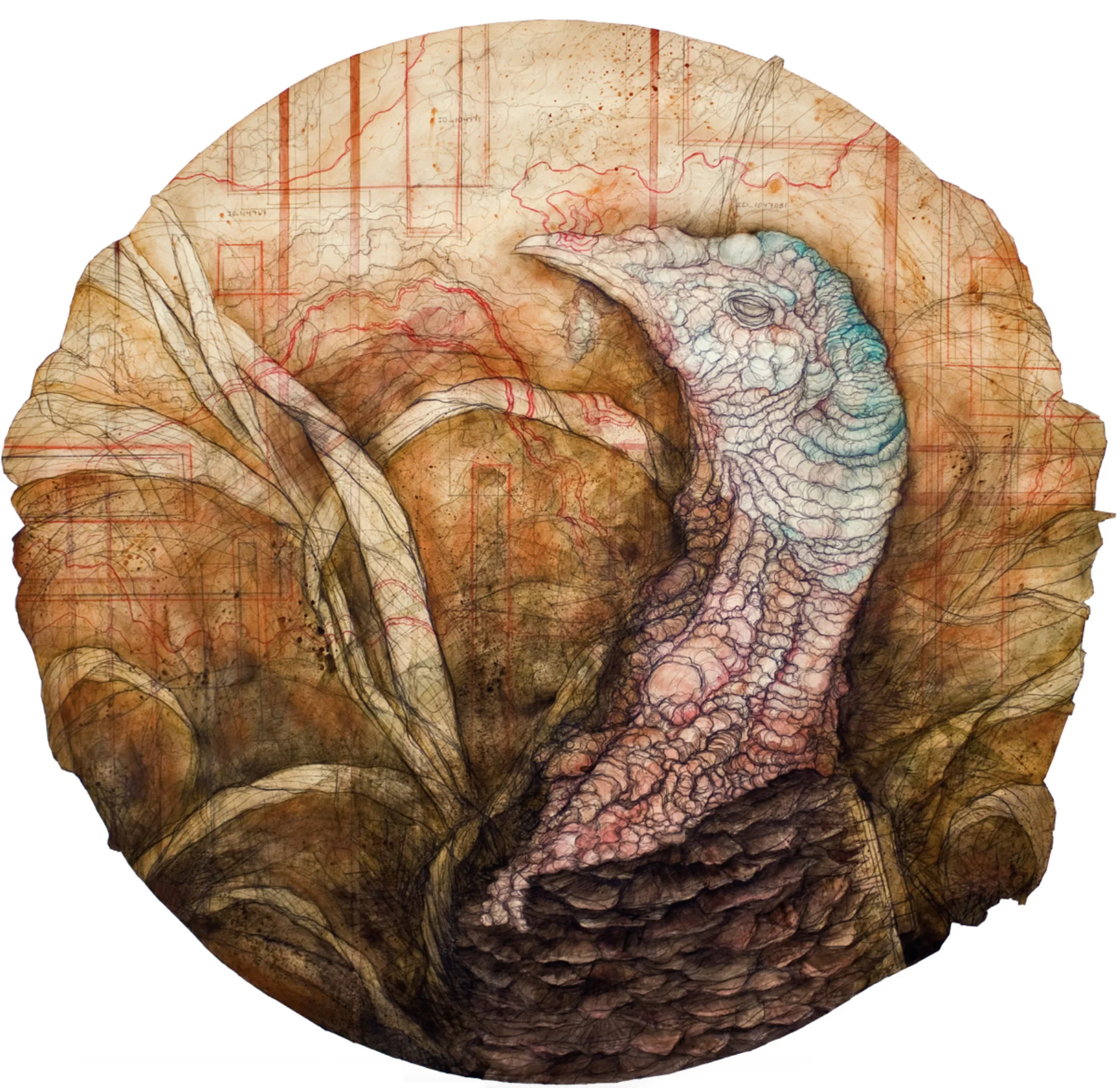 Carly Drew, "Old Tom Turkey Triptych" (Panel I). Paper, watercolor, graphite, acrylic. 34 x 34in. 2013. Available. Inquire Here.