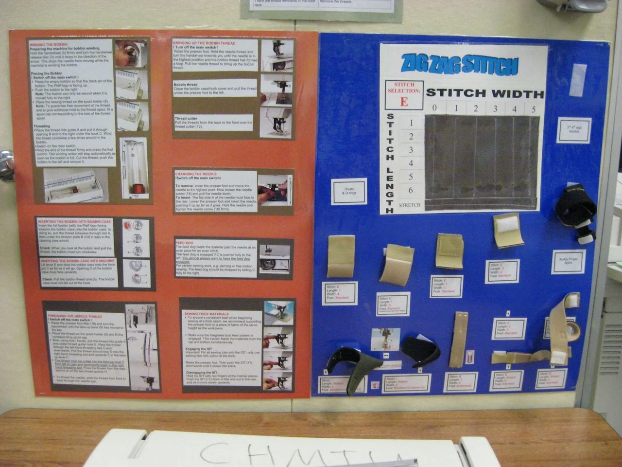 I made this a long time ago. As an occupational therapist, it is helpful to know how to sew. Problem was, I never learned. We had a sewing machine at work, so I combined a work project with self-learning. I figured out how to use the machine and then created a helpful guide that could easily be accessed while sewing.
