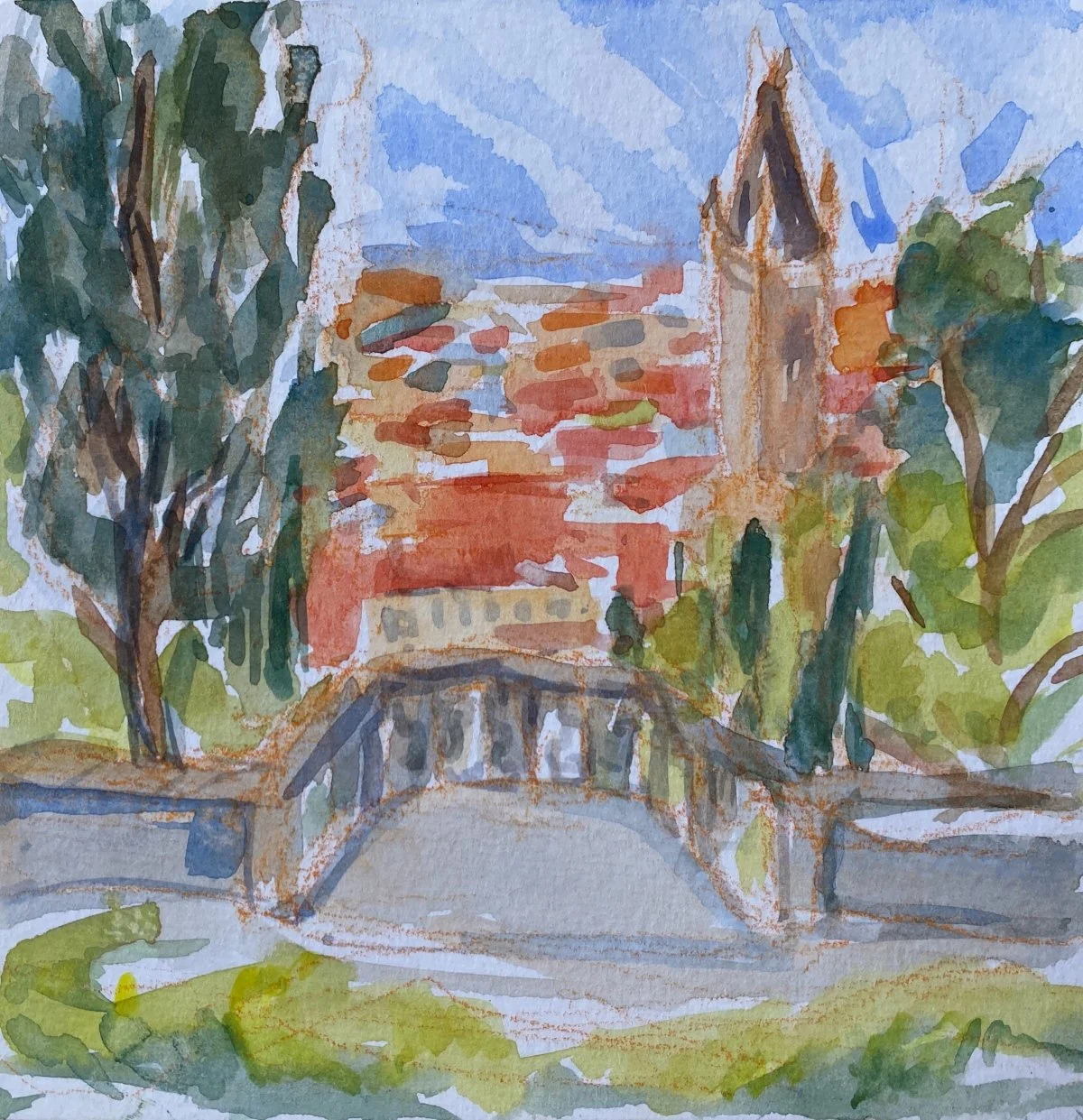  A Garden Above Verona , 2023. 6” x 6”. Watercolor on paper. 

The Giusti Gardens used to be part of a palace, but are now a public garden with beautiful views. Not pictured here was the lizard who skittered away from my park bench as I sat down to p