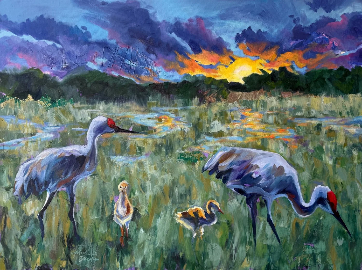 Evening Walk, 2026. 36" x 48". Oil and collaged paper on canvas.
A family of sandhill cranes strolls through the marshes. 