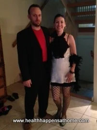 My husband and I all dressed up in costume for the mystery dinner game.