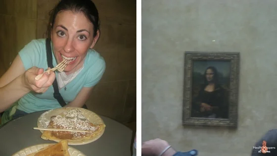 Top: a view of I.M. Pei's glass pyramid in the middle of the center plaza for my Architect husband's delight. &nbsp;Left:&nbsp;I am enjoying my Nutella filled crepes at the Louvre before visiting the Mona Lisa (right) in her multilayered display cas…