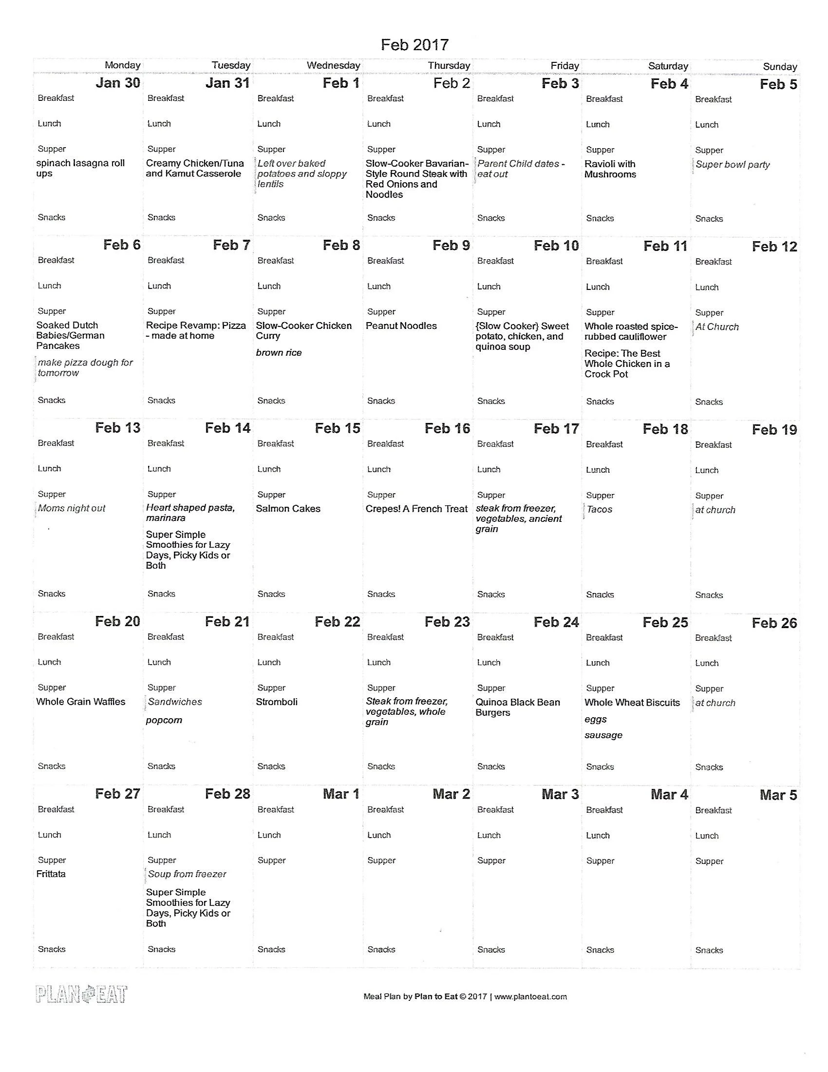 February Meal Plan with recipe links. Read now or pin for later. - Health Happens at Home