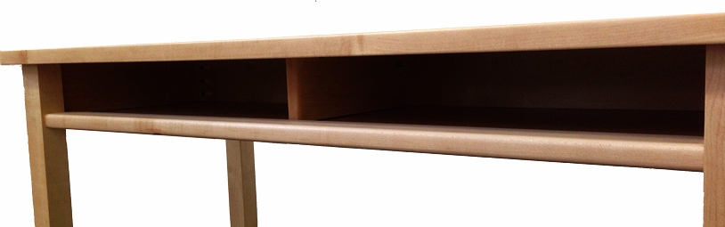 Cubby storage space in double adj. desk with hardwood center divider