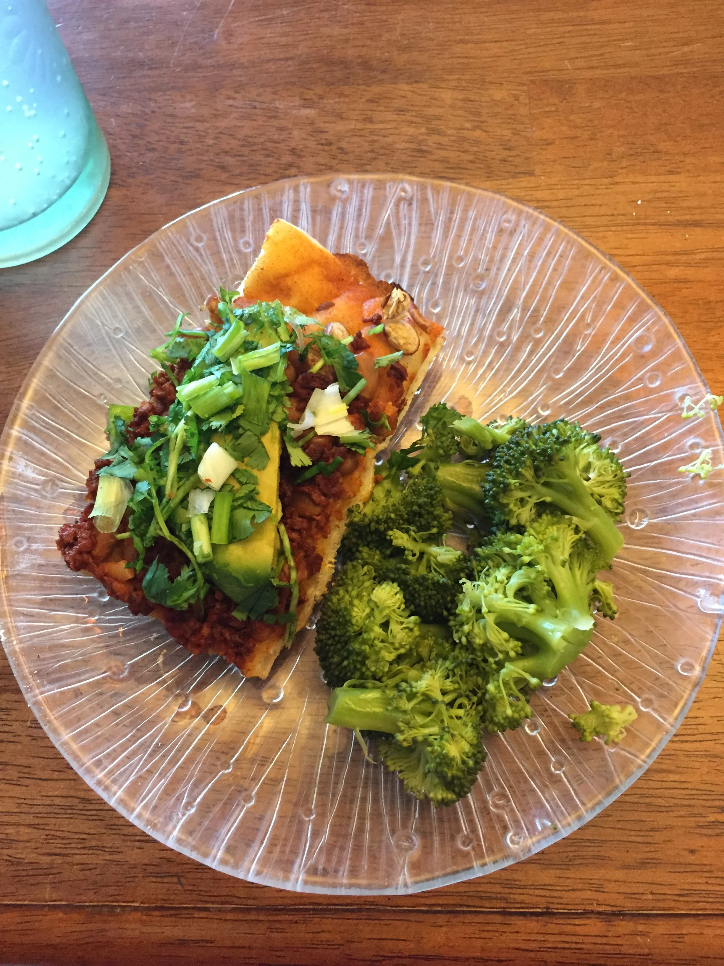 Served with avocado, cilantro, green onions, and lime. I love to have broccoli on the side!