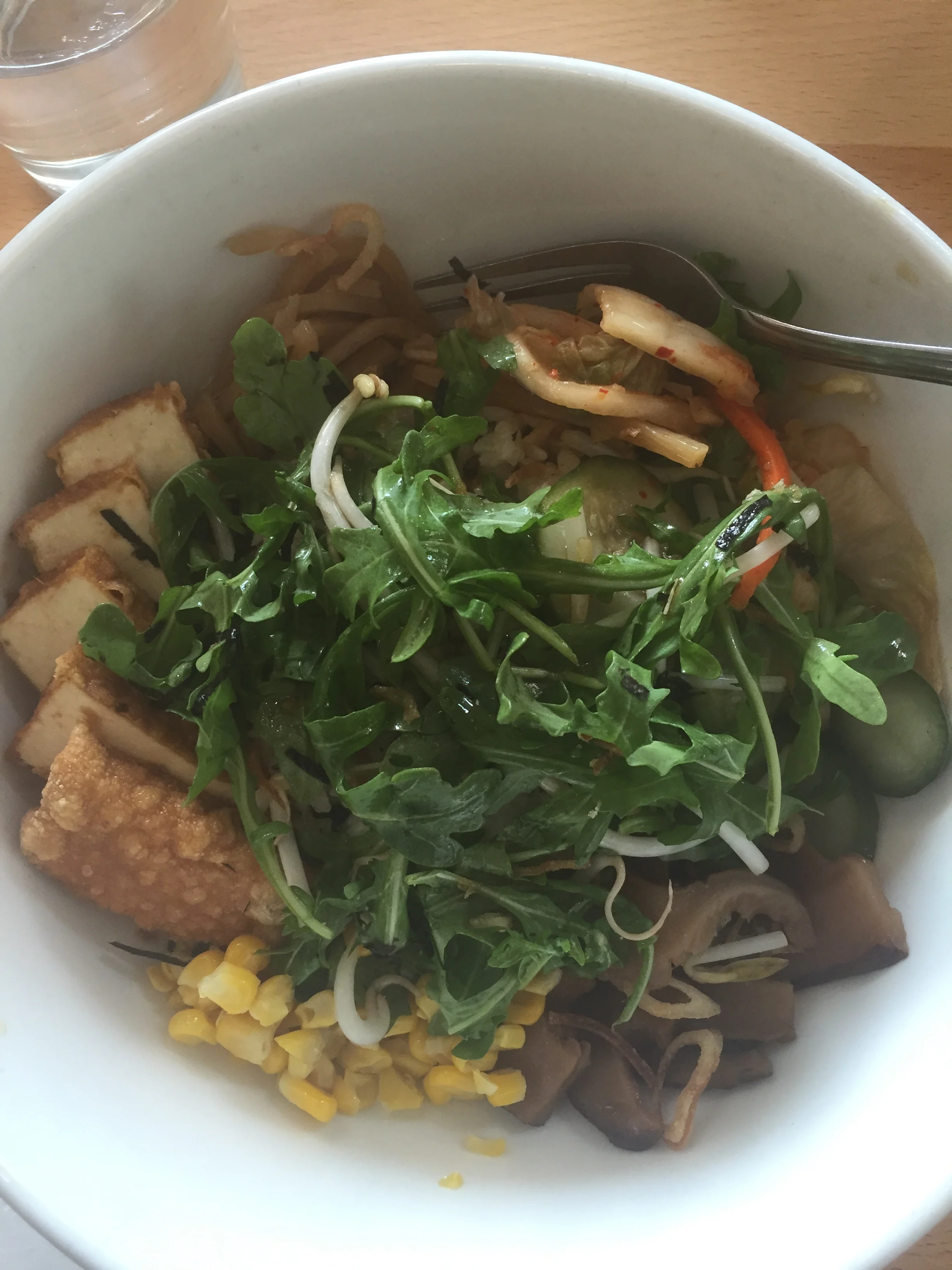 Along the path. Rice bowl at Boke Bowl in Portland. Tofu, rice, kimchi, corn, bamboo shoots, etc. 