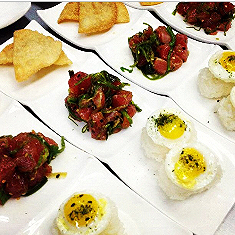 Tuna Poke, Quail Egg Sushi Bite, Gyoza Crisp