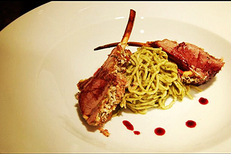 Lamb Chops, Pesto Linguine, Red Wine Reduction