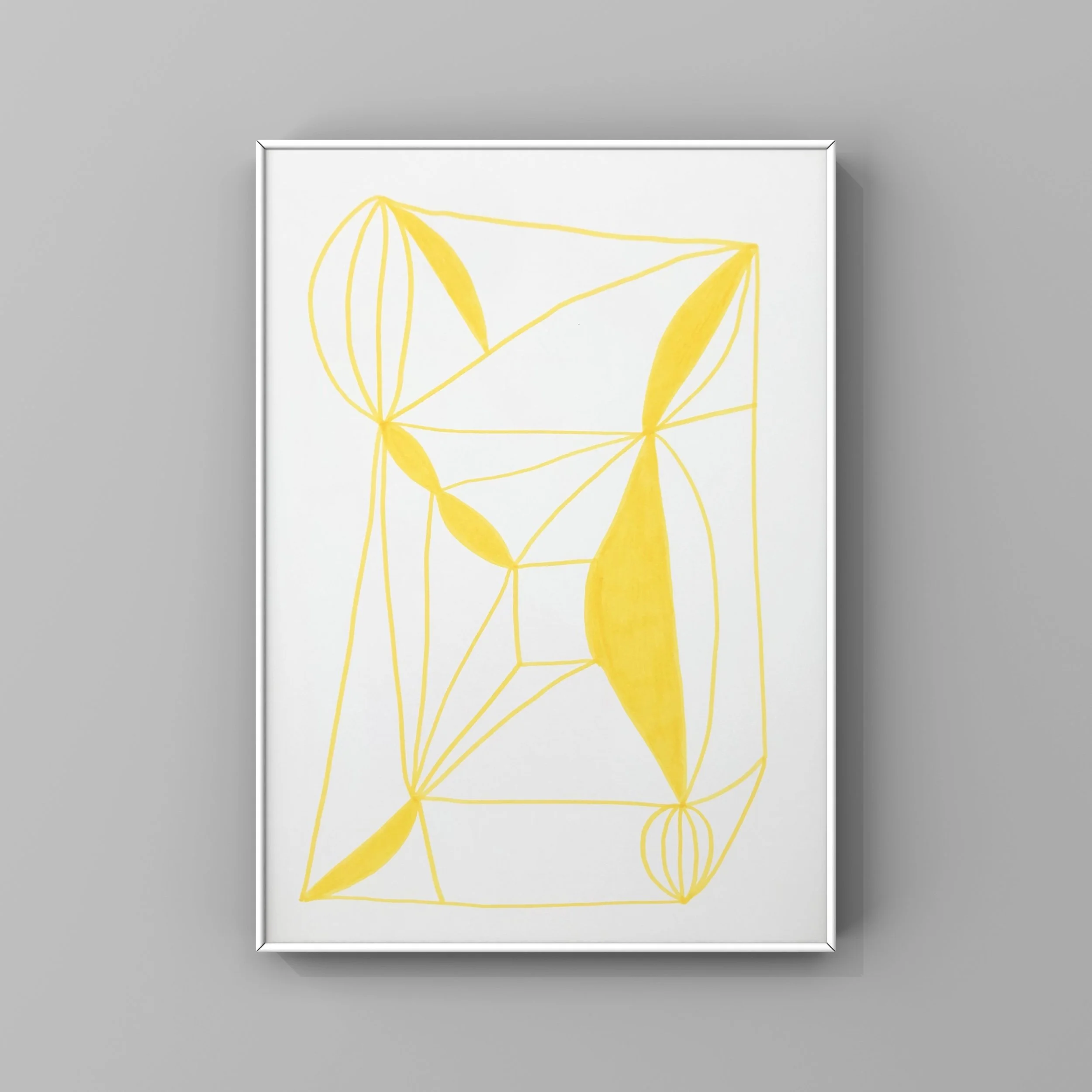 yellow ink drawing on paper in white frame