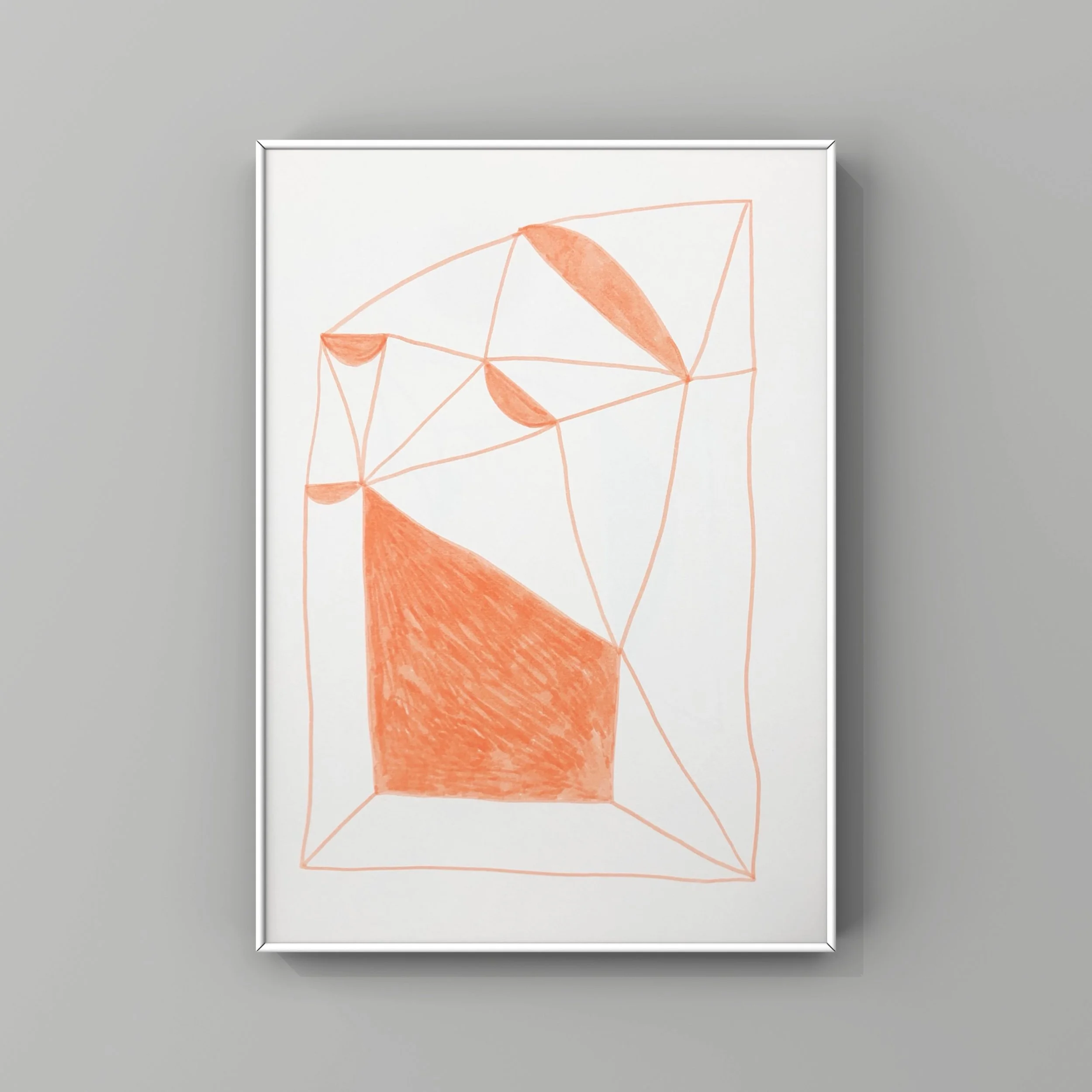 peach ink drawing on paper in white frame on grey wall