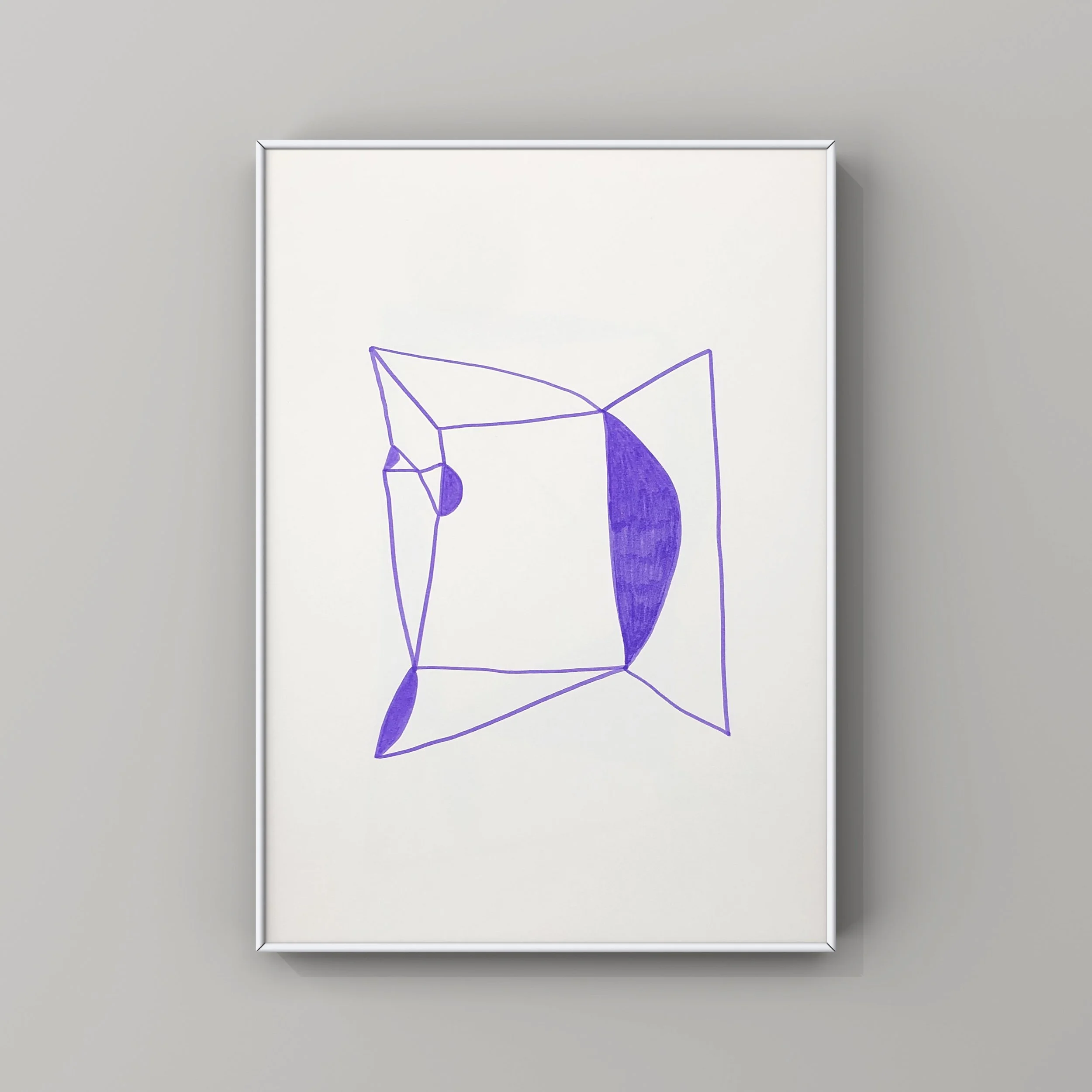lavender ink drawing on paper in white frame on grey wall