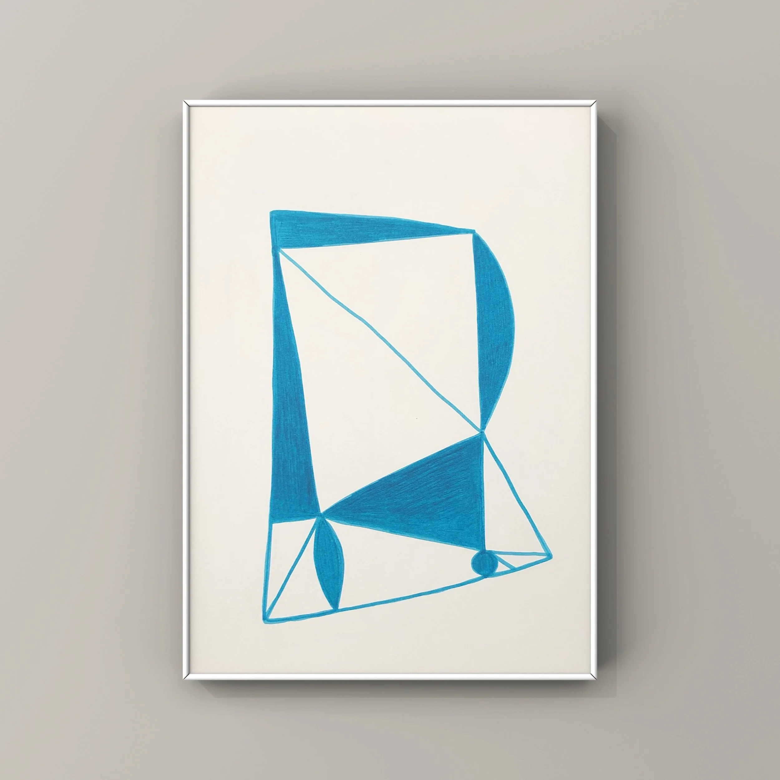 bright blue ink drawing on paper in white frame on grey wall