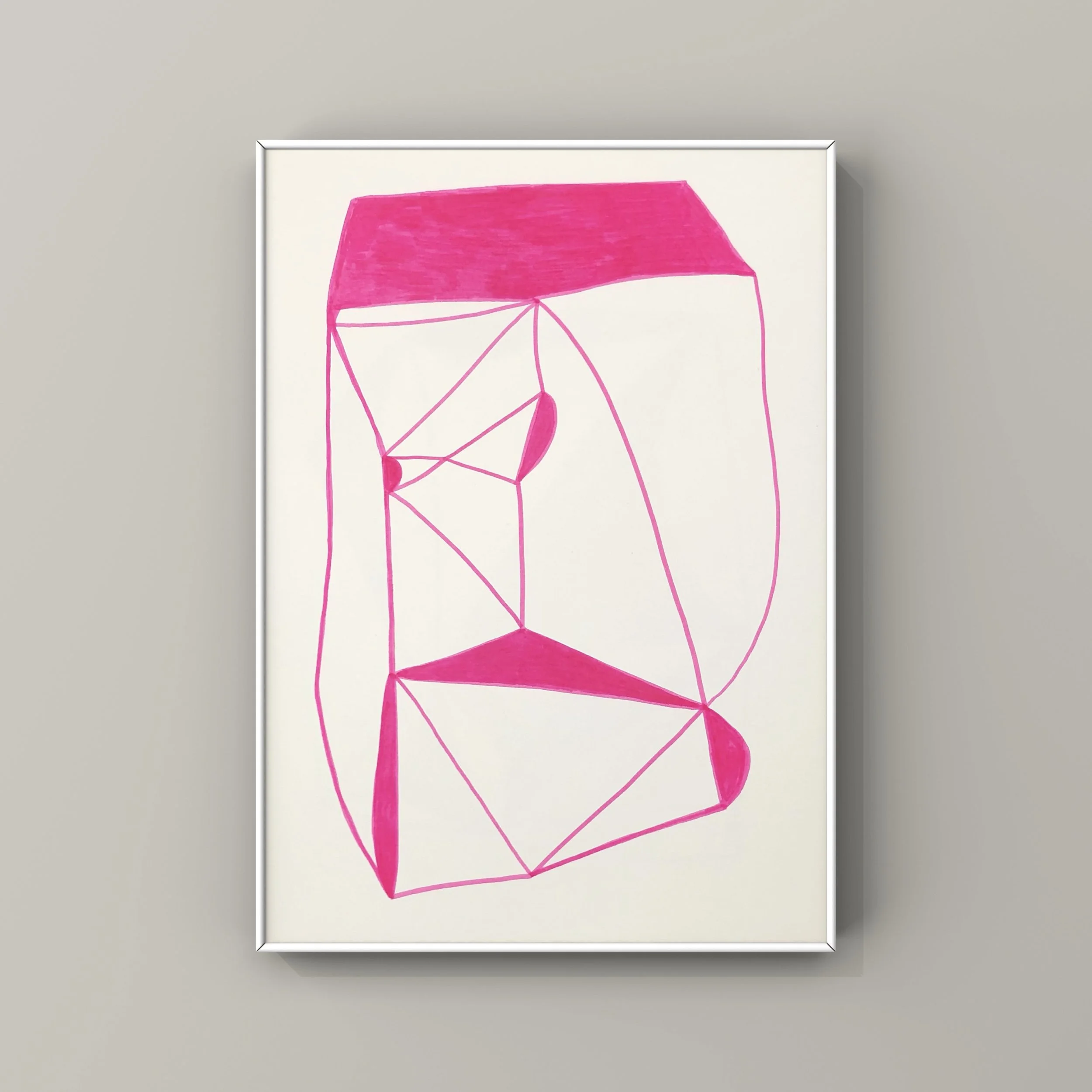 pink ink drawing on paper in white frame on grey wall