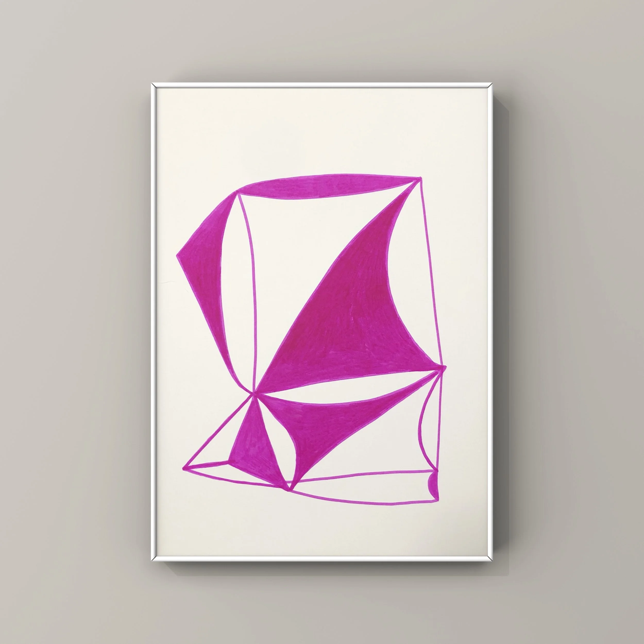 pink ink drawing on paper in white frame on grey wall