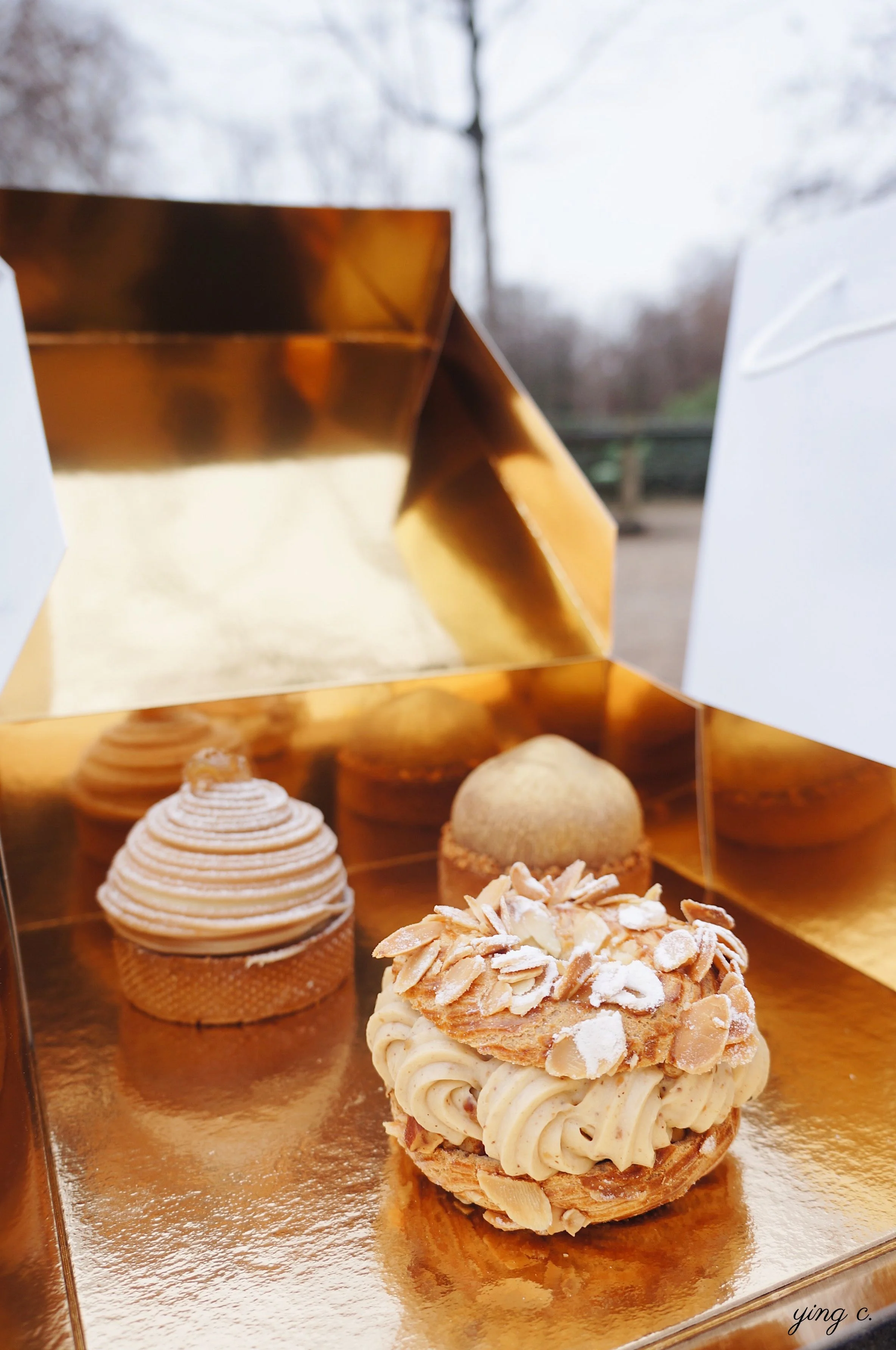 (from right to left and back to front): Tarte Mont-Blanc, Tarte Noisette, and Paris-Brest.