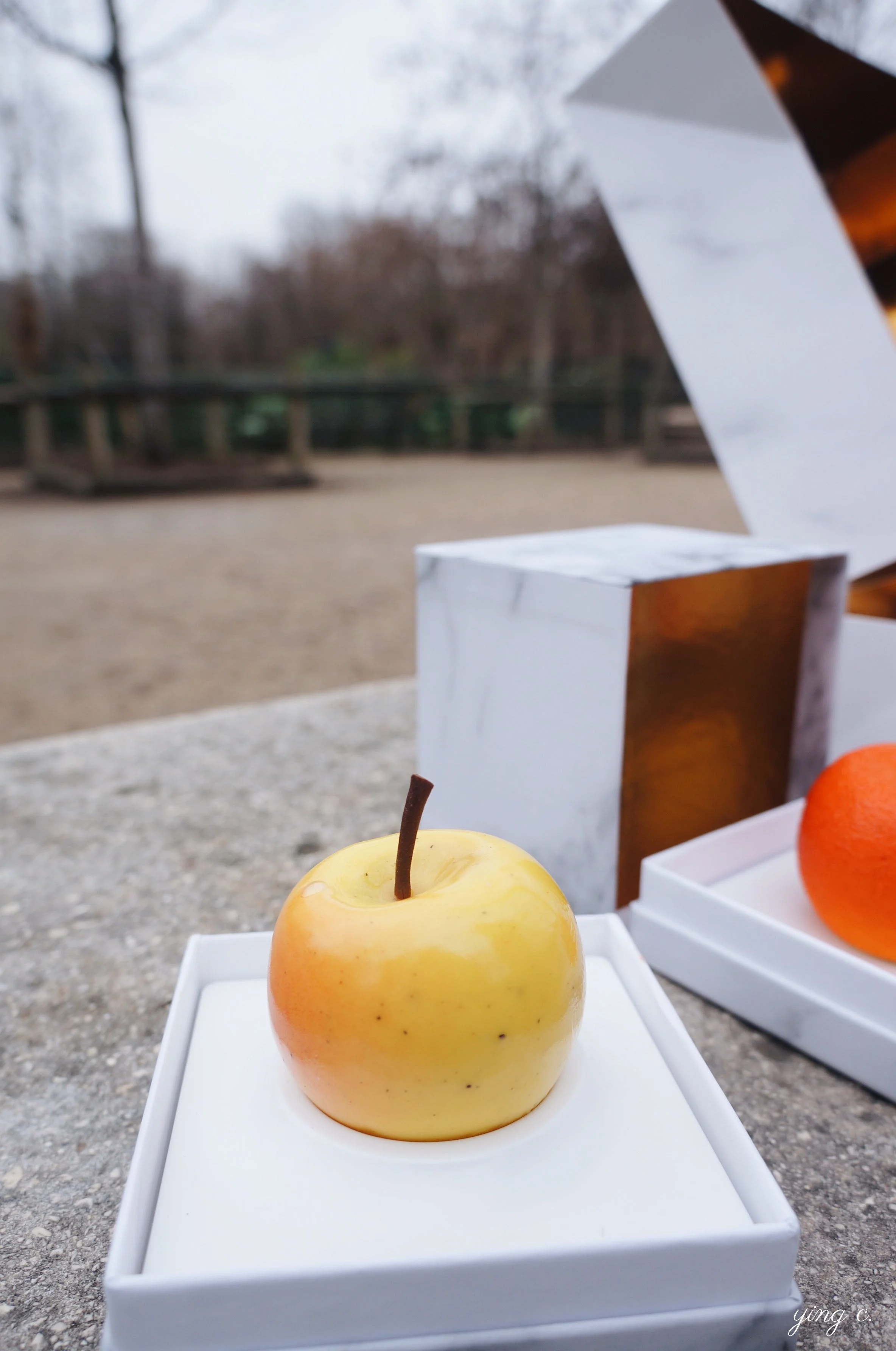 yellow apple(Pomme Jaune)fruit sculpture.