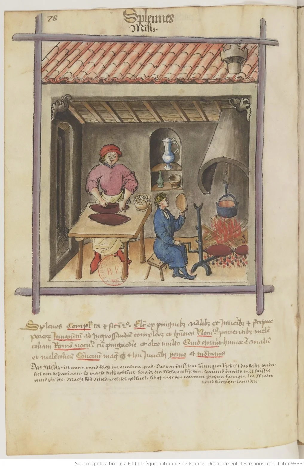 法國國家圖書館 BnF 珍藏的 15 世紀手抄本《 Tacuinum Sanitatis 》(《 健康全書 》, Ibn Butlan )中關於「apprenti pâtissier」(糕點學徒)的插畫。圖中右手邊坐在柴火旁的便是一個年輕的糕點學徒,他正在店後方的廚房裡煮著禽類的肫,準備當成餡餅(pâté)的內餡。(圖片來源: gallica.bnf.fr / Bibliothèque nationale de France)