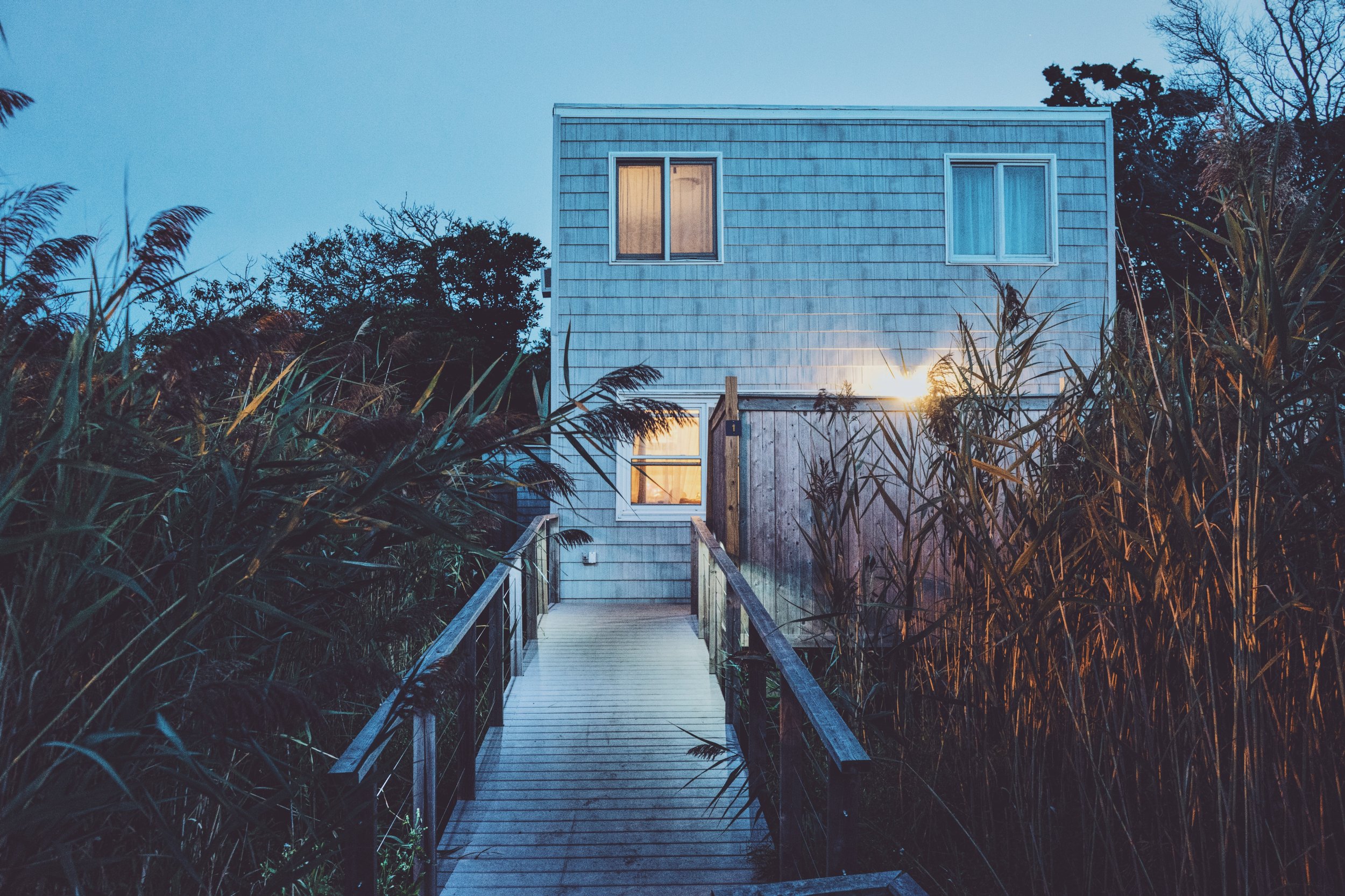 A beach house, illuminated just before The Blue Hour at dusk, with pampas grass along the front walk