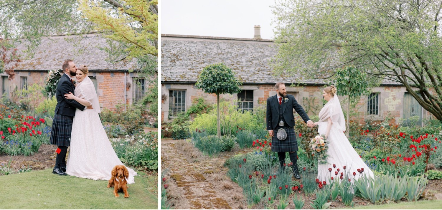 30_bride and groom exploring walled garden at leuchie walled garden near north berwick east lothian scotland_groom kissing bride at leuchie walled garden near north berwick east lothian scotland.jpg