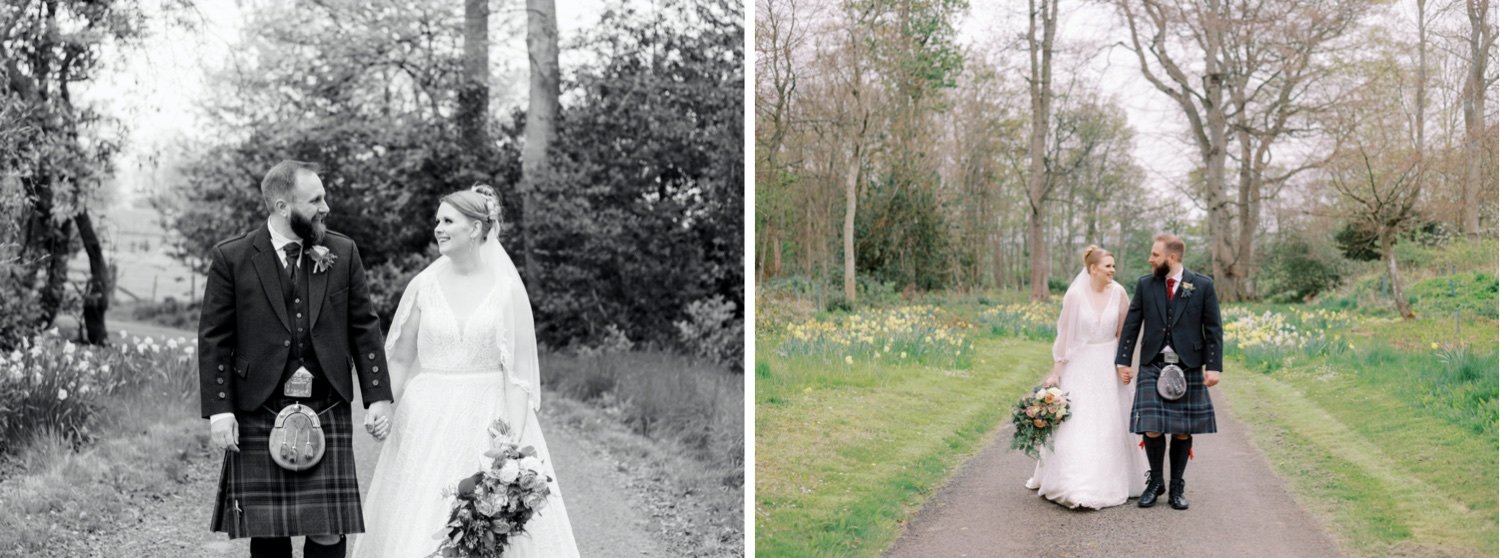 37_bride and groom smiling at each other at leuchie walled garden near north berwick east lothian scotland_bride and groom walking in the woodland at leuchie walled garden near north berwick east lothian scotland.jpg