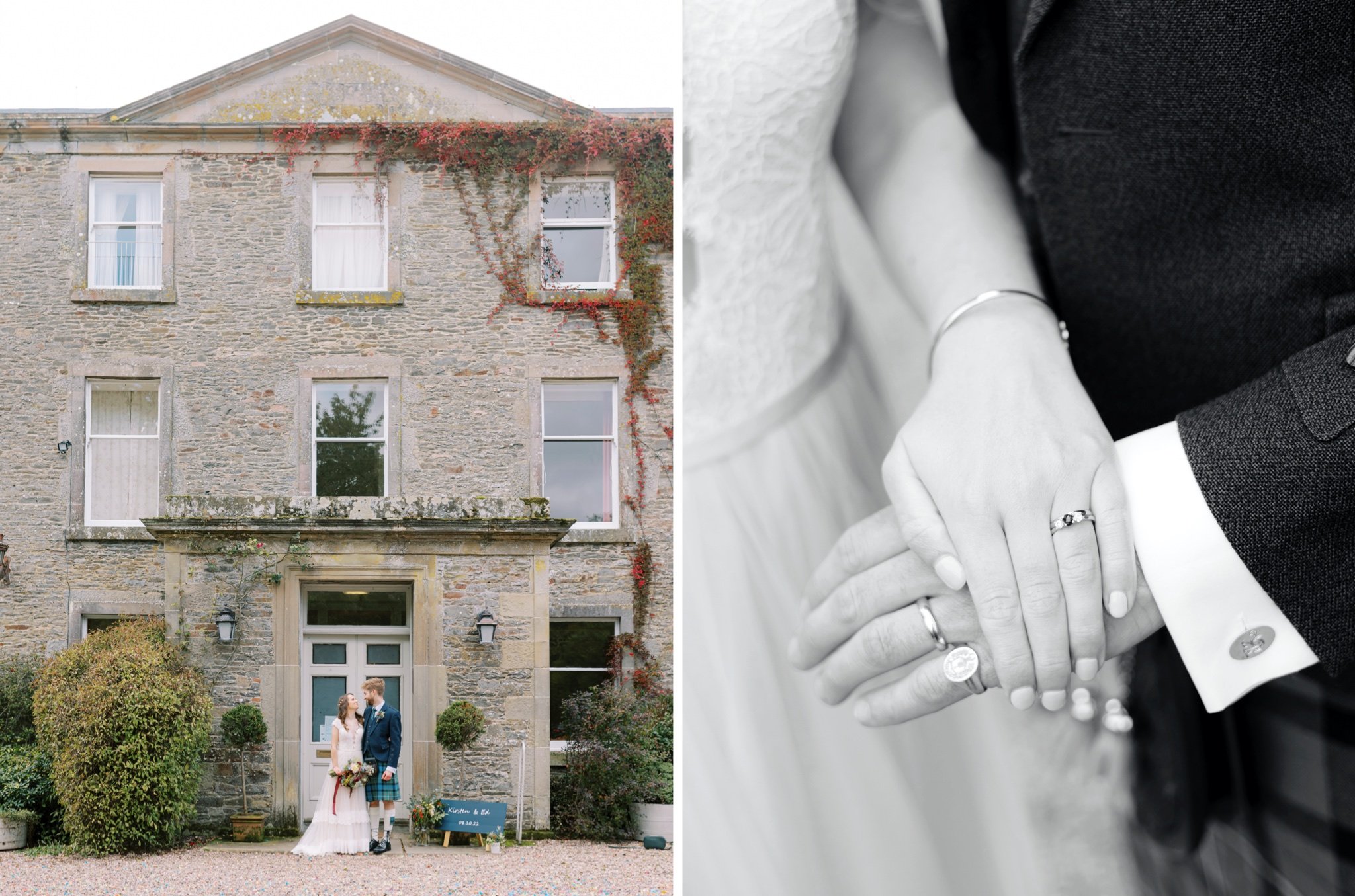 24_wedderlie house melrose scottish borders wedding photographer wedding rings_wedderlie house melrose scottish borders wedding photographer bride and groom in front of venue .jpg