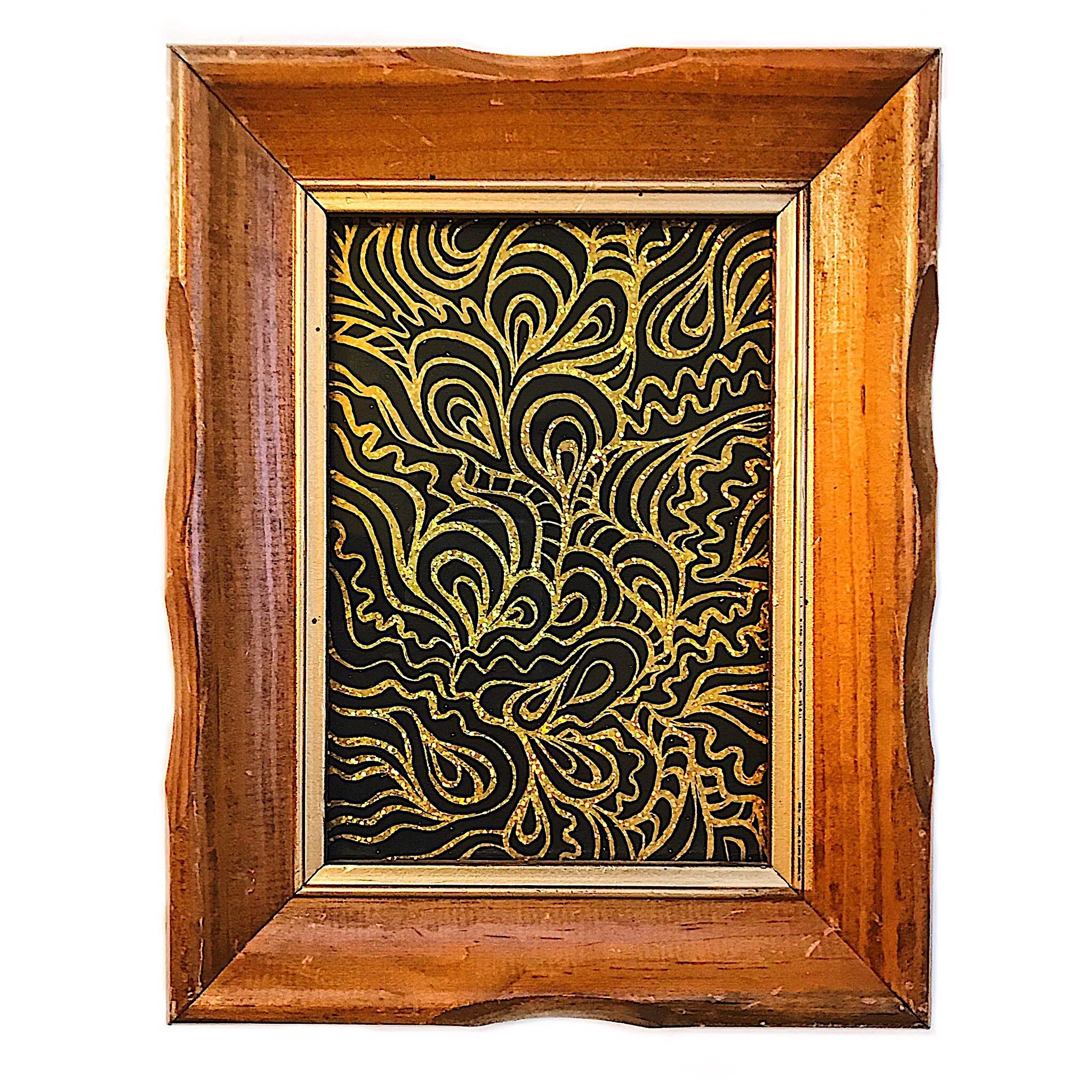  (Sold) 5”x8” holographic gold scratchboard in vintage wood frame 