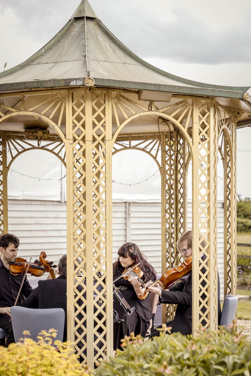 Orchestra play soothing bridgerton style music at an outdoor wedding ceremony at Badgers Mount Leicestershire