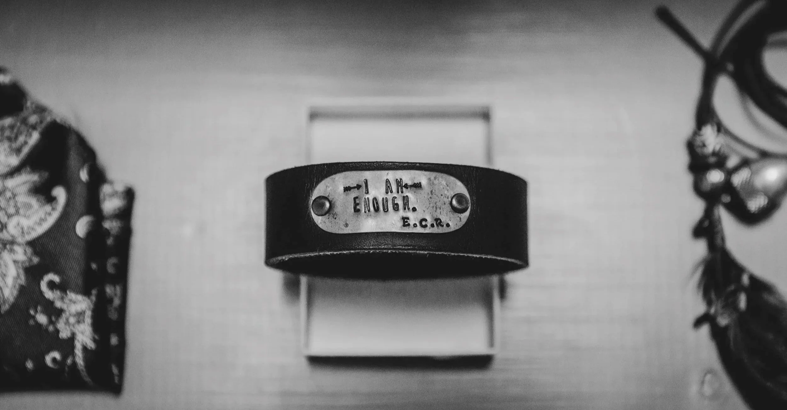 'I am enough' leather cuff ready for wedding preparations