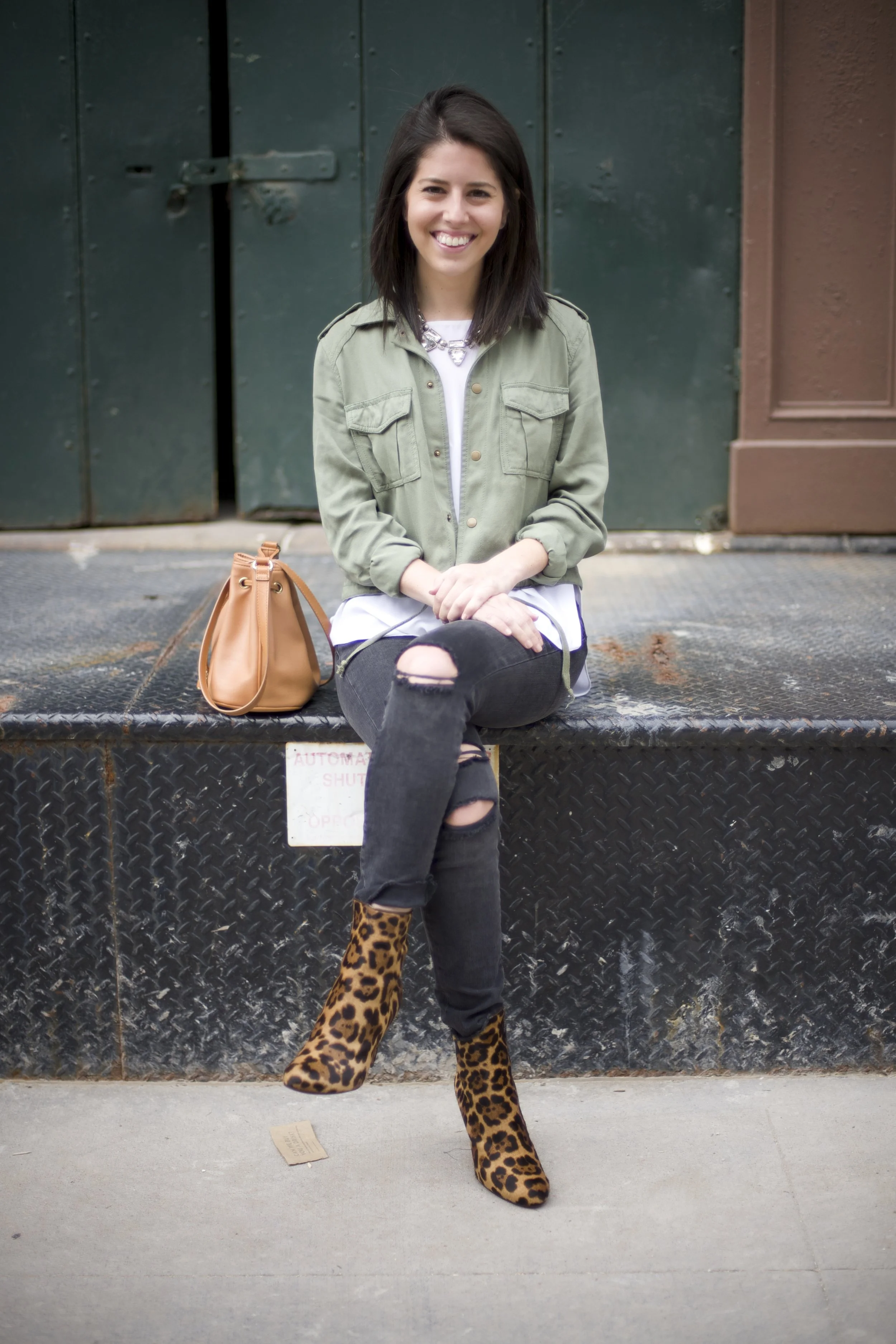 One thing I love about this outfit is that the colors are classic. A white and black combo can never go wrong, and this muted camo jacket is another great neutral hue. So if you're not sure where to start, these three colors are great bases for a leopard accent. The jacket I'm wearing is cropped, but this Fall the current trend is all about the oversize! (Funny how fashion changes it's mind so quickly...) To bring this jacket into 2016 I would add some fun patches, which are all the rage at the moment. For just $5 this jacket can compete with the likes of styles being shown at Barneys and Bloomies. Plus no sewing machine needed -- these adorable patches are press-on. Leopard stands the test of time and a little can go a long way. I'm not saying you should go out and buy a full leopard bodysuit, but think about adding one or two small pieces to your wardrobe. A pair of shoes, a belt, even a clutch can add some extra flair to any look. They do call it the concrete jungle after all ;) 