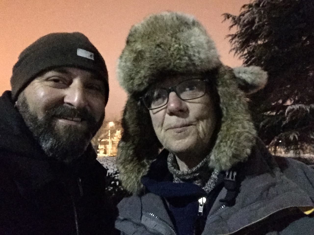   Carol Herwig poses for an obligatory selfie with Drew. (Carol is one of my favorite neighbors to pull into selfie photos -- check out that hat!)&nbsp; January 21, 2015     