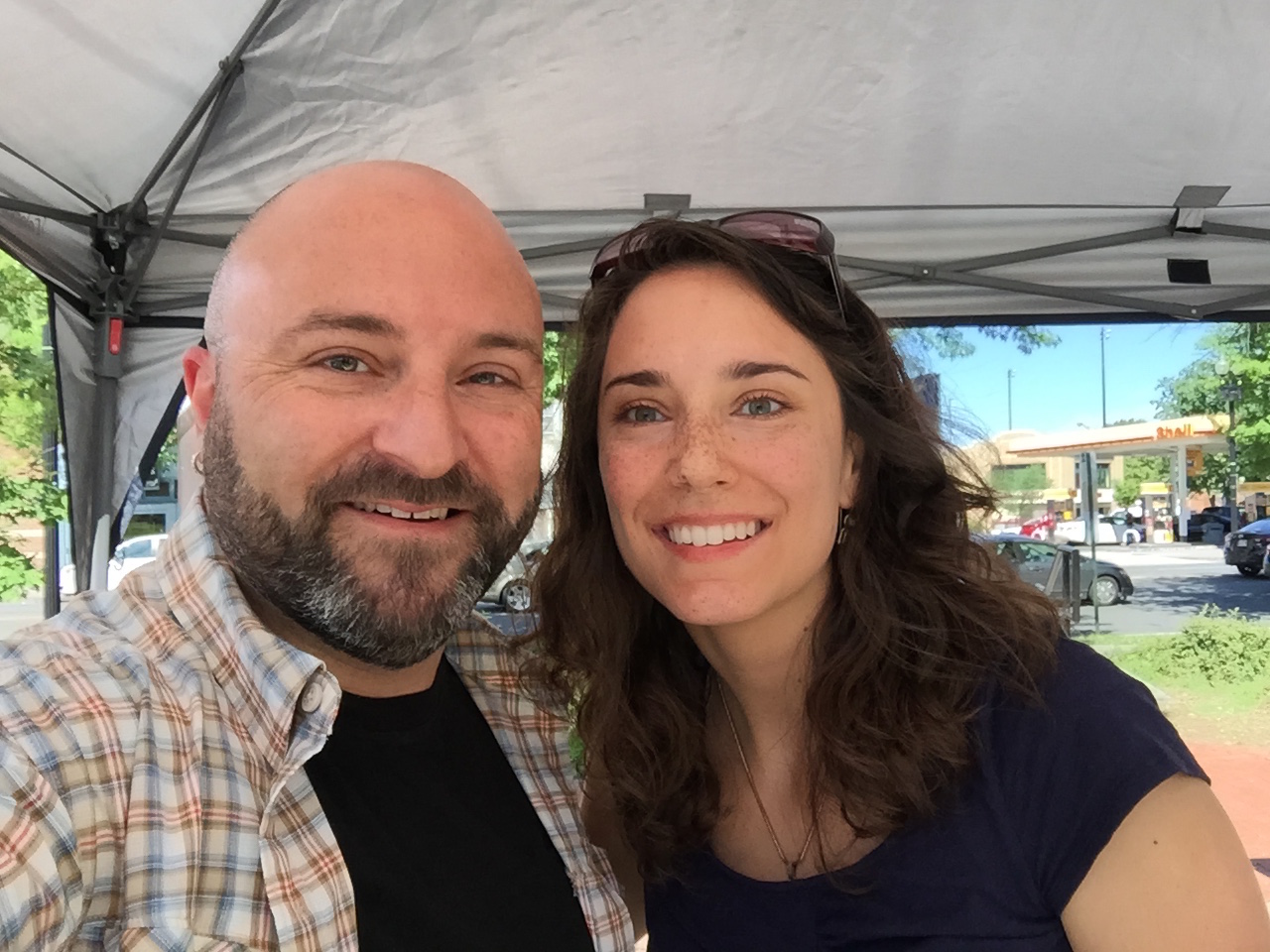   Maria Mandle from CreativeCouchDesigns poses for a selfie with Drew at the Petworth Community Market, 5/23/15  