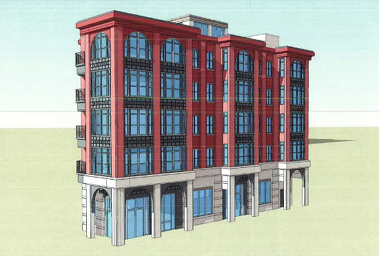 Current design for the new 21-unit apartment building to replace the Sweet Mango Cafe building.