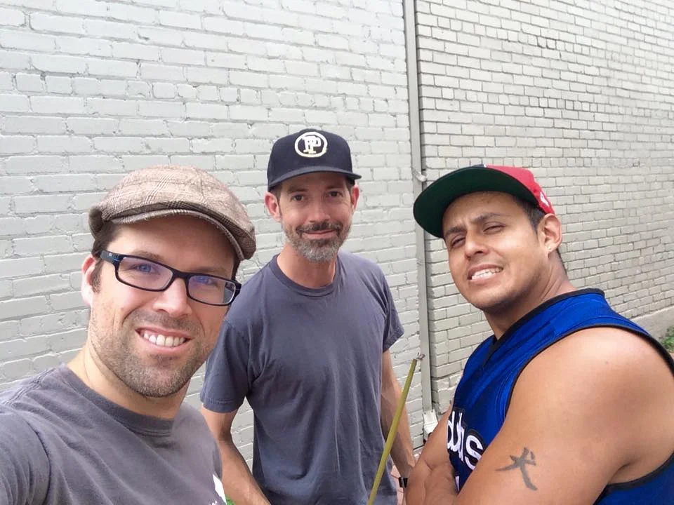 Rob Mandle, Tom Pipkin and artist Juan Pineda before the mural went up. Courtesy Rob Mandle.