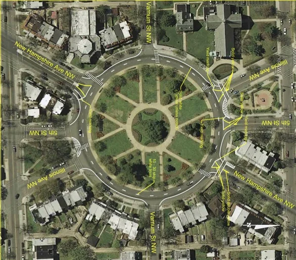 Proposed locations of new painted lines around Grant Circle. (Image courtesy of DDOT)