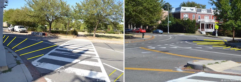 Exit and entrance to Grant Circle from NH Ave on the south. The yellow lines are my suggested enhancement; DOT needs to add lines at the exits & entrances