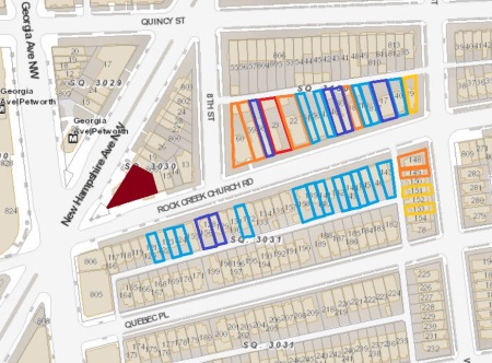 (Map key: Orange=two-car garage; Yellow=one-car garage; Red=four car garage; Dark Blue=two car parking pad; Light Blue=one car parking pad) (Courtesy of Park View DC.)