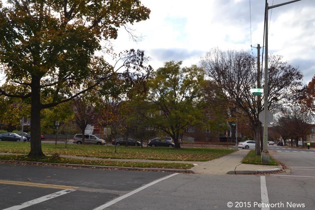 The small triangular park at 7th and Decatur where the assault occurred.