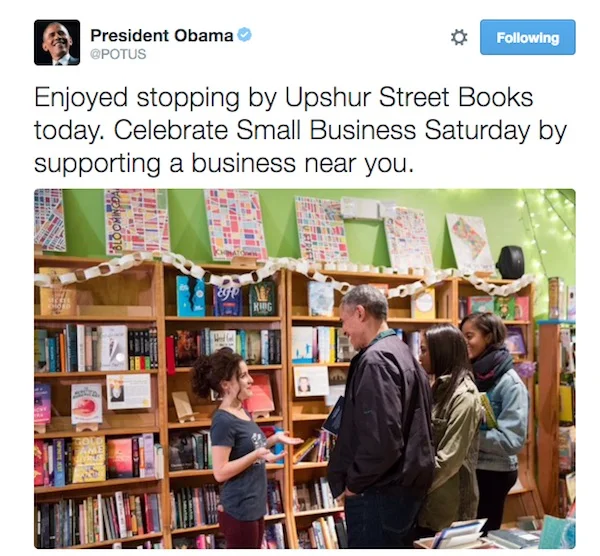 Obama's tweet about his visit today to Upshur Street Books