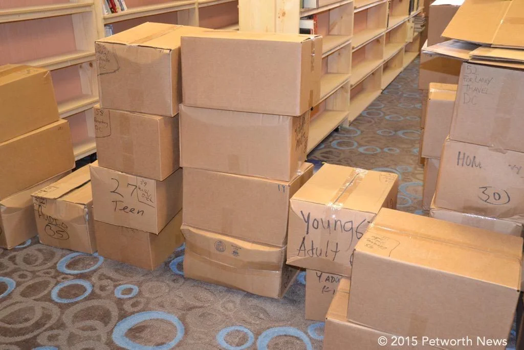 A "small" pile of cardboard boxes filled with books, with yet more to unpack.