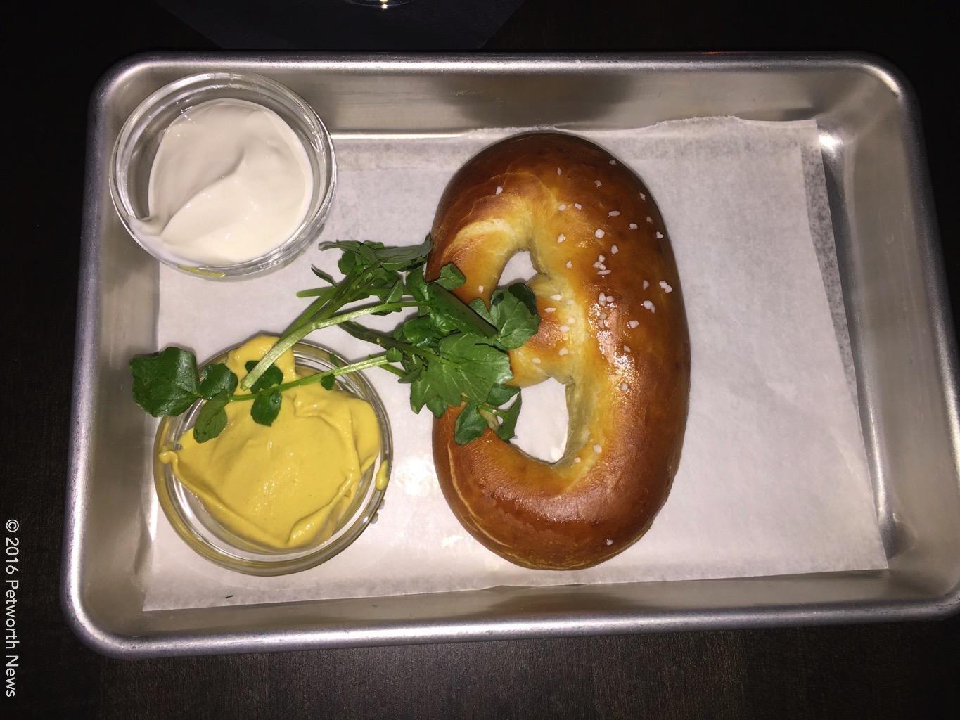 A bar staple, the soft pretzel with two dipping sauces.