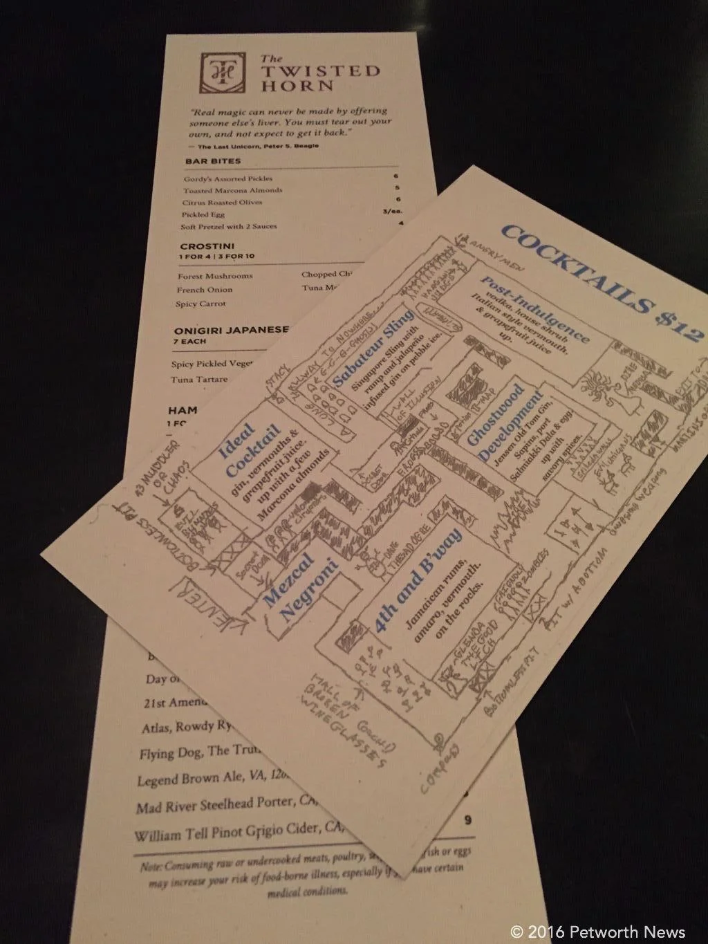 The cocktail and food menus.