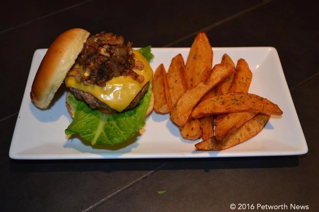 Atomic Burger with hand-cut, black sea salt seasoned fries