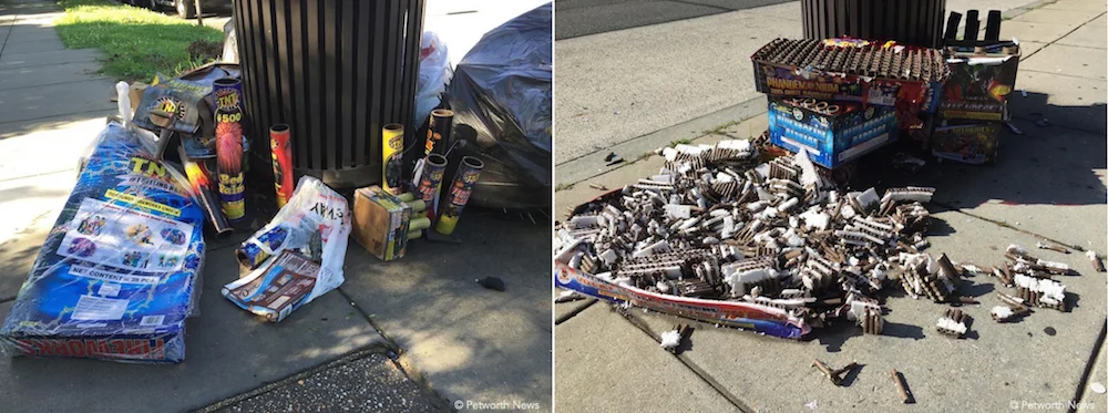 Local trashcans show the results of the evening's late night festivities