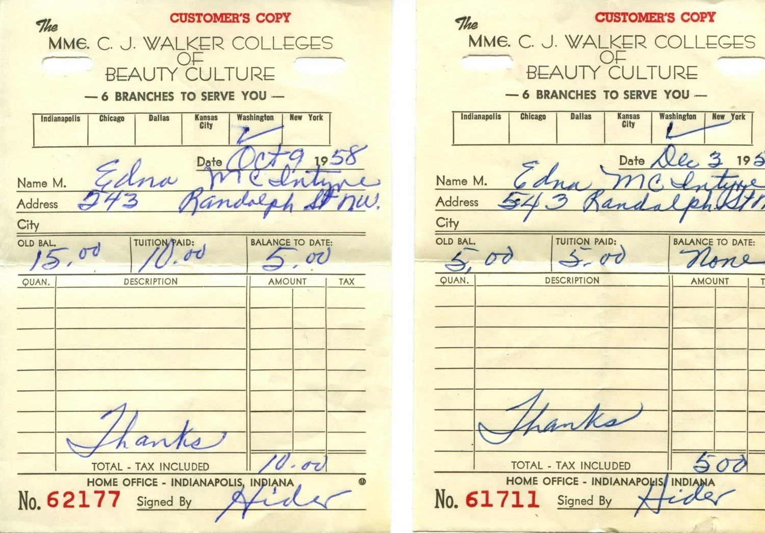 A receipt from 1958 from the Madam CJ Walker School, from Linda's collection.