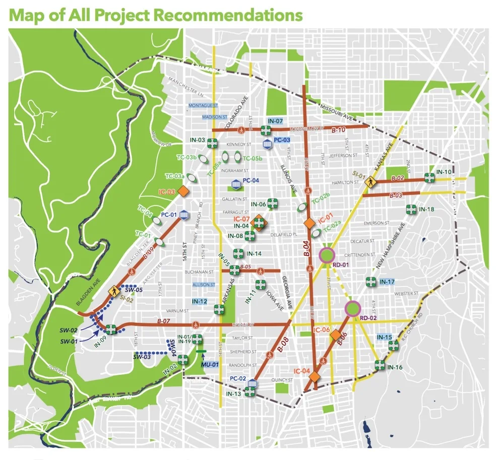Map of the Rock Creek East II Livability study area and recommendations. Courtesy of DDOT.