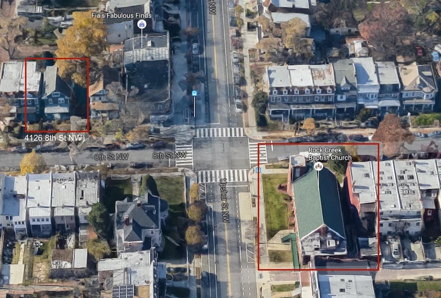 A Google Earth view of Upshur and 8th Street, with both ERB properties outlined (pre-construction)