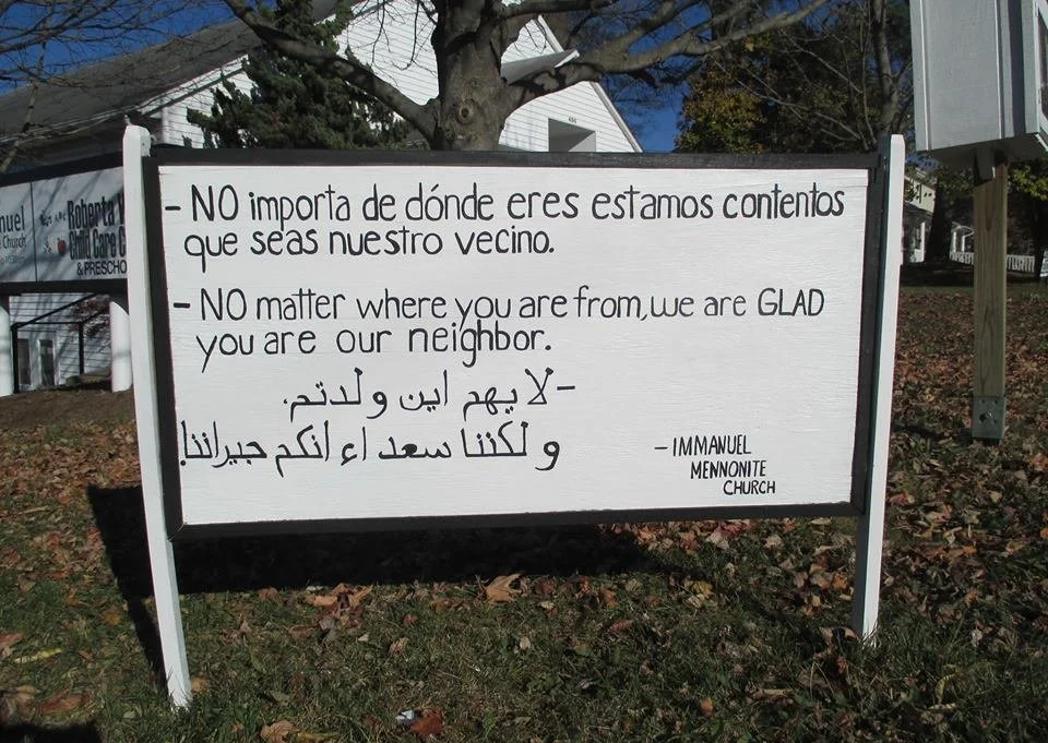 The original sign created by Immanuel Mennonite Church in Harrisonburg, VA. They also created the new yard signs that are being printed across the country. More about it on NPR .