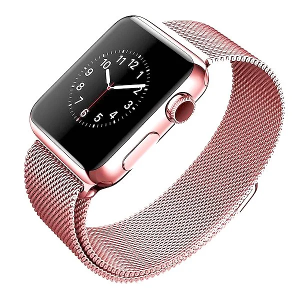 Lightweight steel mesh band in rose gold. Stock photo.