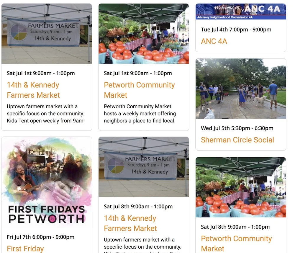The "pinboard" view of the new Petworth News Community Calendar